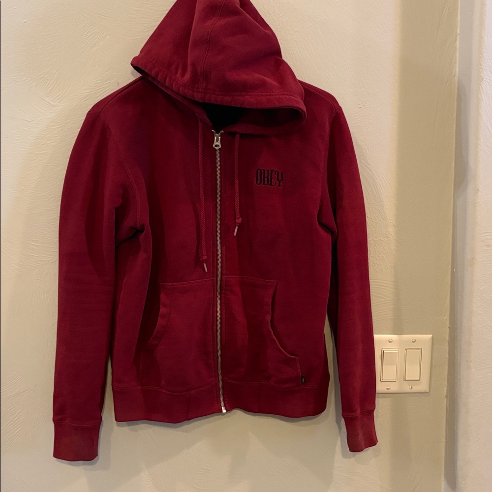 Obey Men’s Maroon Burgundy Zip-Up Hoodie